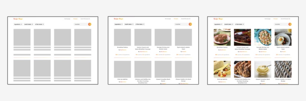 Empty boxes (with a solid color or gradient background) are used as a placeholder while content is being gradually loaded. Text content is loaded and displayed first, and images are loaded and displayed after that.