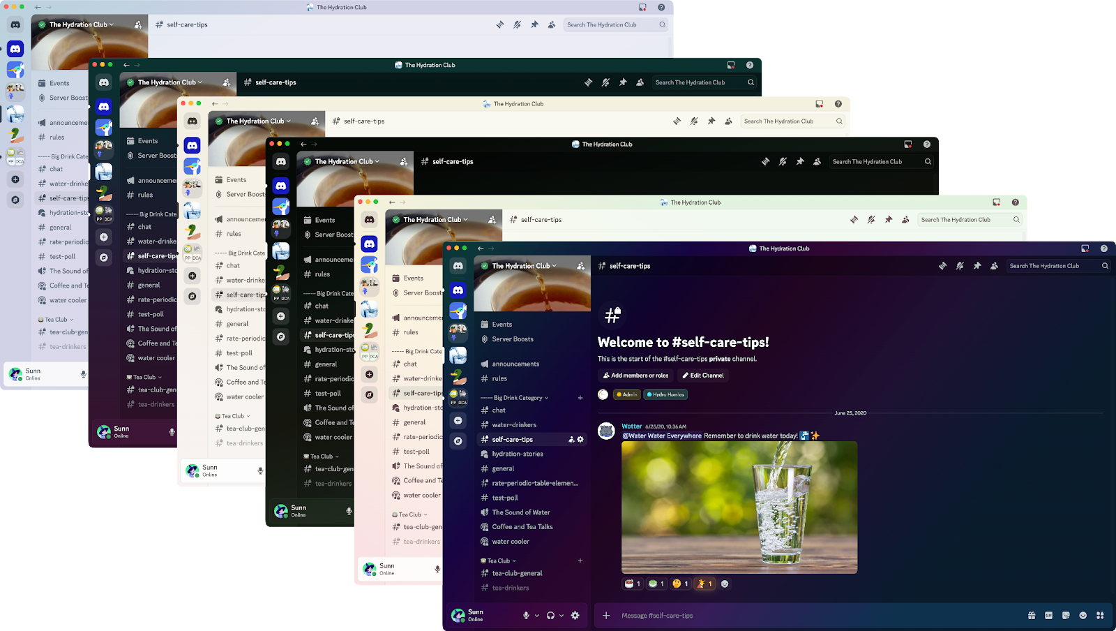 A collage of six theme colors on the Discord desktop app.