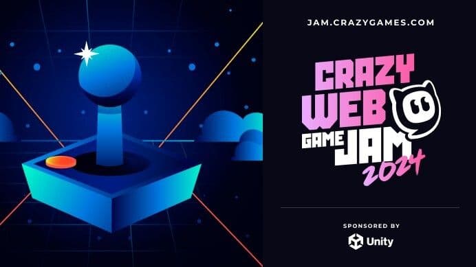 A banner for Crazy Web Game Jam 2024 sponsored by Unity, available at jam.crazygames.com