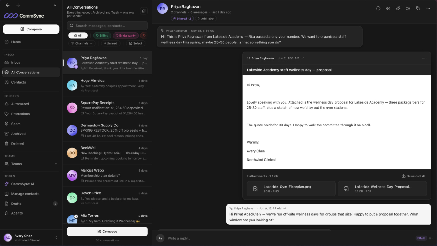 CommSync unified inbox showing a customer conversation and attached proposal