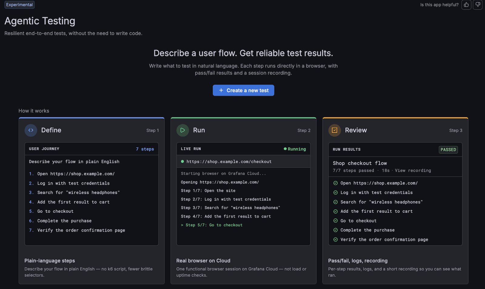 A screenshot from the Agentic Testing UI, asking users to describe a user flow, as well as the steps the tool will follow: define, run, review