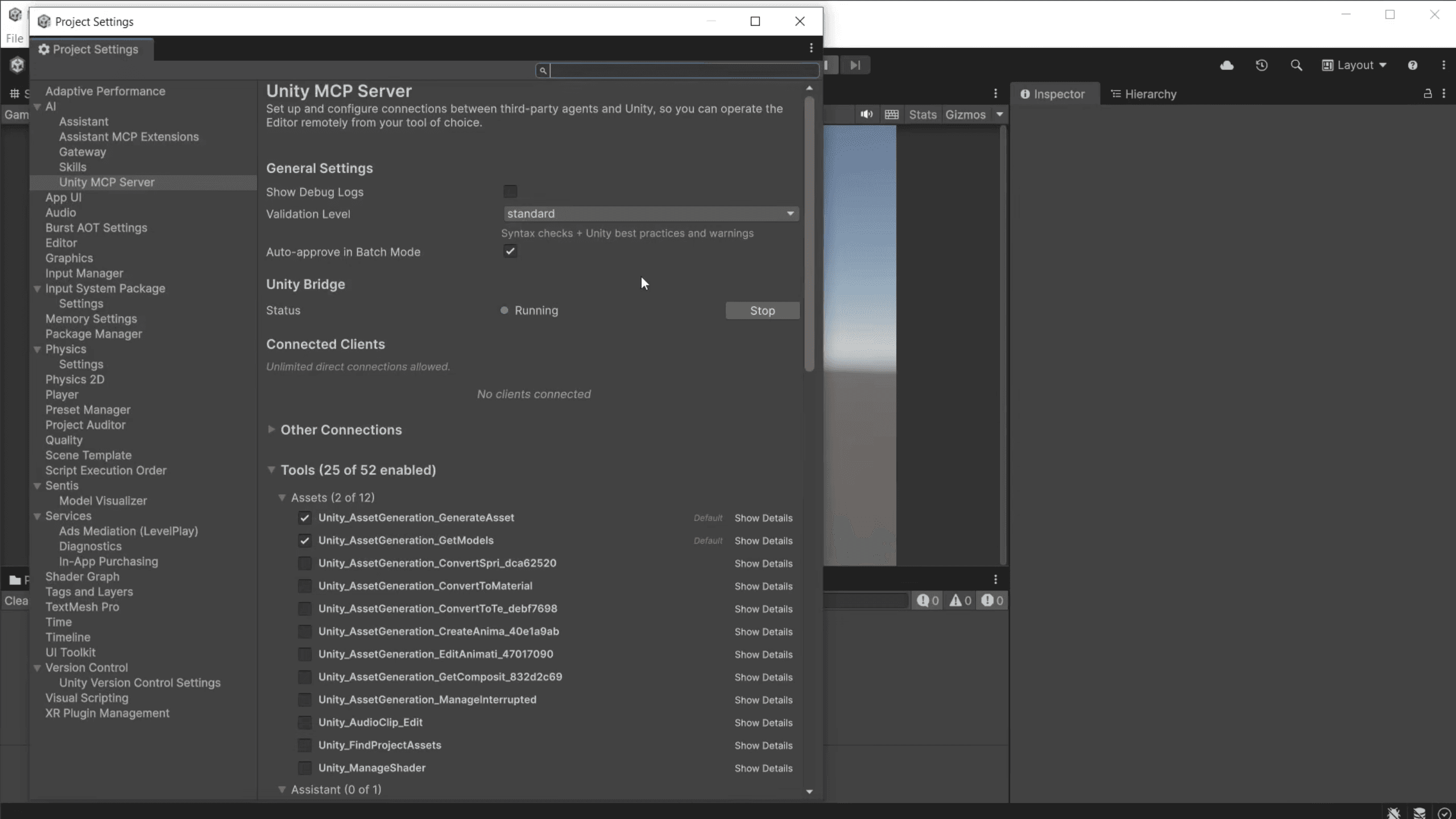 Unity MCP Server menu showing project settings.