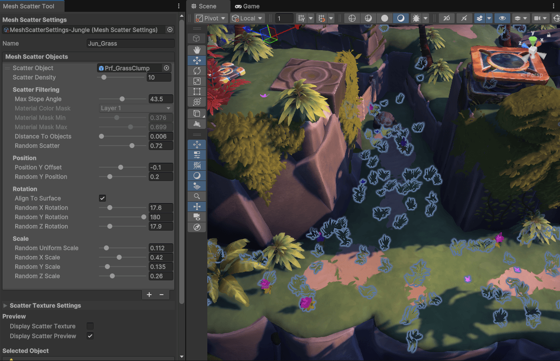 An in-Editor capture shows how a Mesh Scatter Tool is used to distribute low-density small vegetation in a game environment