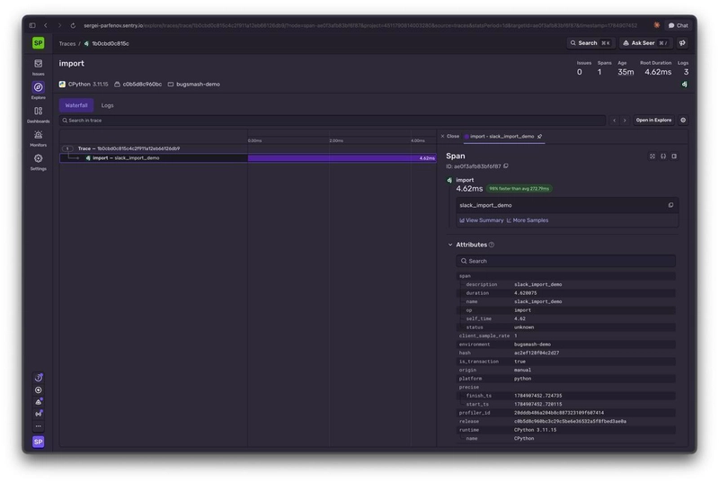 Sentry trace of the fixed import: 0 issues, 3 warning logs, import completed