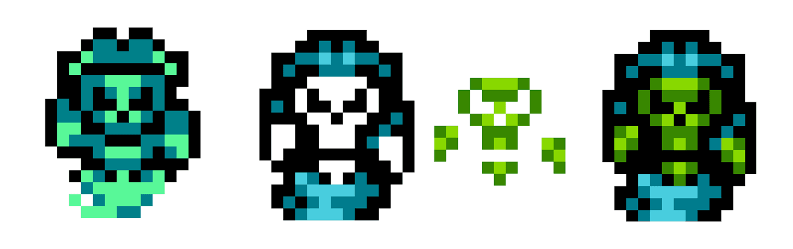 This is an example of Sprite Layering in action. Starting from the left, is the original three-color version of the Ghost Pirate Sprite. From there, the artist split it up into two pieces, the body/hat and the face/hands, and assigned different palettes to them. Finally, you can see the result of layering the two pieces on top of each other.