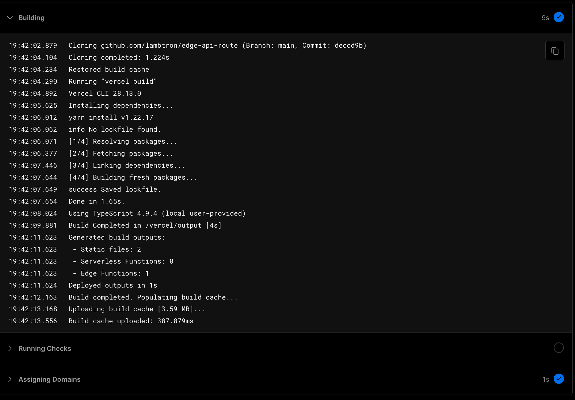 Vercel deploy edge function only build result