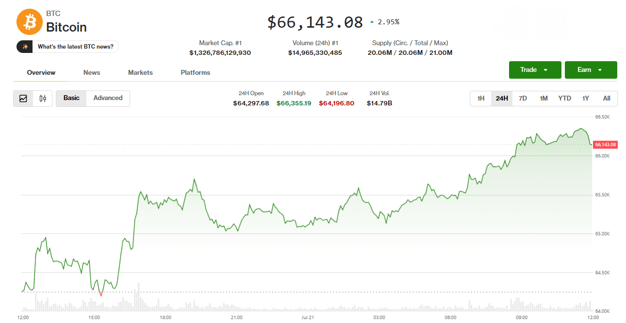Chart of bitcoin price over 24 hours