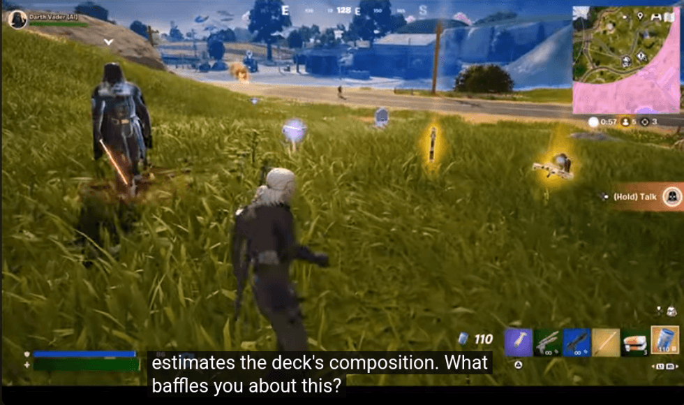 Fortnite player approaches Darth Vader and glowing loot in a grassy field.