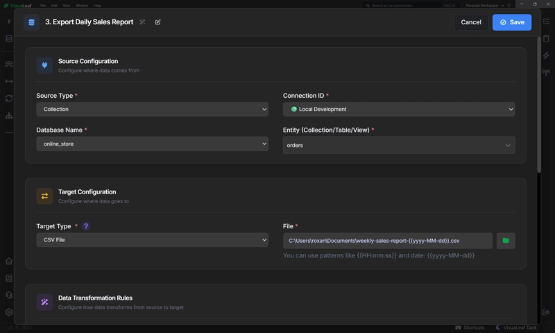 VisuaLeaf export job from MongoDB orders collection to a weekly CSV report.