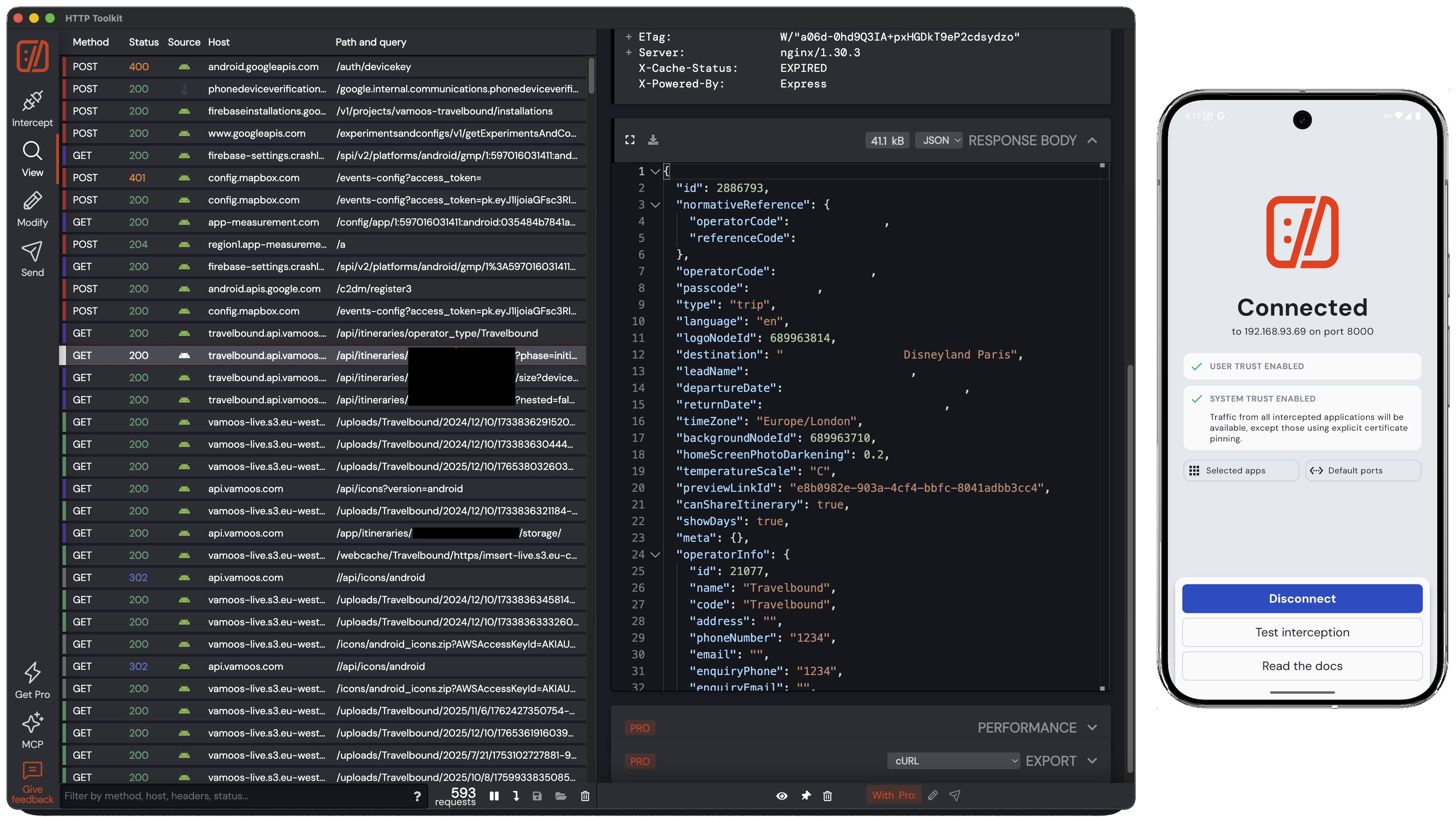 Screenshot showing the HTTP Toolkit application running on both MacOS and an emulated Android mobile, with User Trust and System Trust enabled.