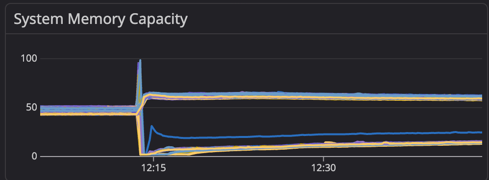 System Memory Capacity line chart. It spikes just before 12:15 to nearly 100% capacity.
