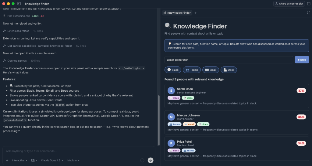Canvas showing a knowledge finder that helps search across multiple workspaces.