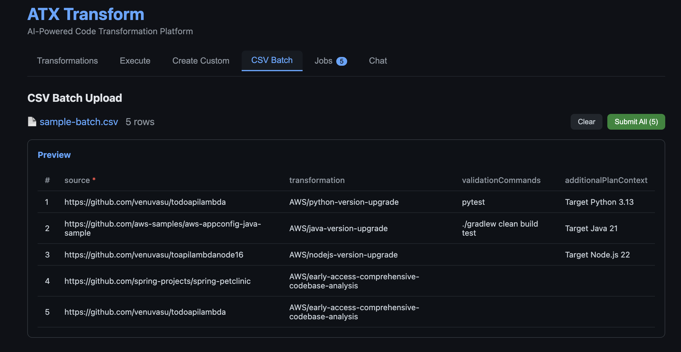 Uploading a batch of repositories for parallel processing. The CSV lists a source repository URL, target transformation, optional validation commands, and additional plan context per row.