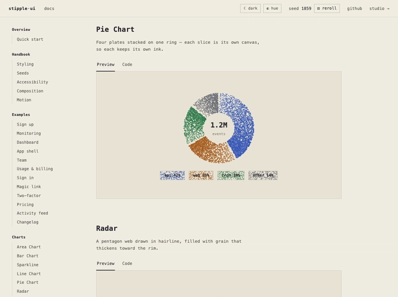Halftone UI pie chart and image primitive rendered with layered ink plates