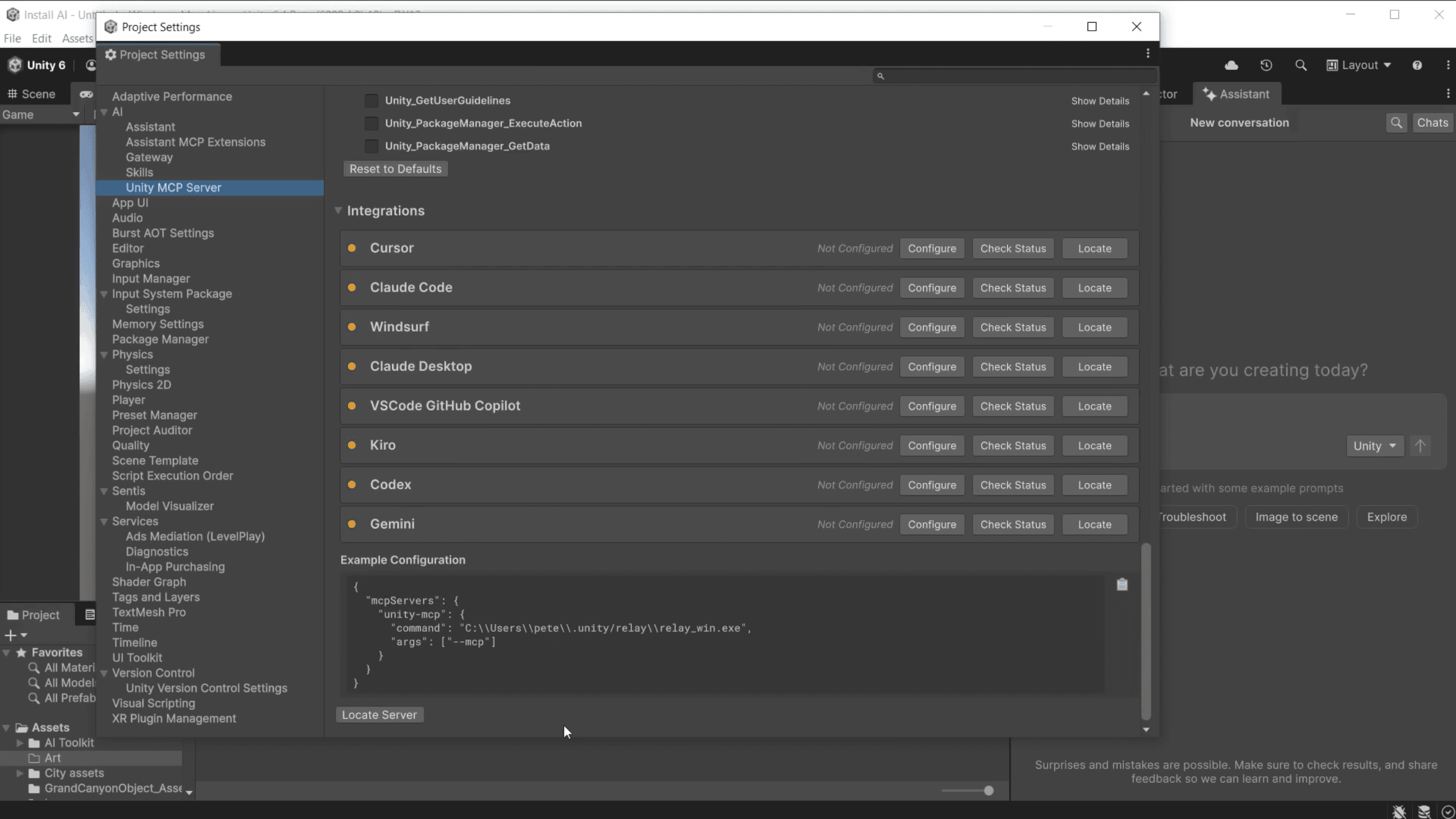 Unity MCP Server open in the Unity Editor, listing out the various GPTs that can be integrated using the technology.