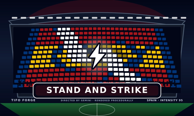 Completed Tifo Forge result for Spain with a red and yellow radiating stadium pattern, lightning symbol, the chant “SHOCK THE WORLD,” and a Gemini creative direction panel showing a radiating-burst formation, stadium-pulse motion, and intensity 95.