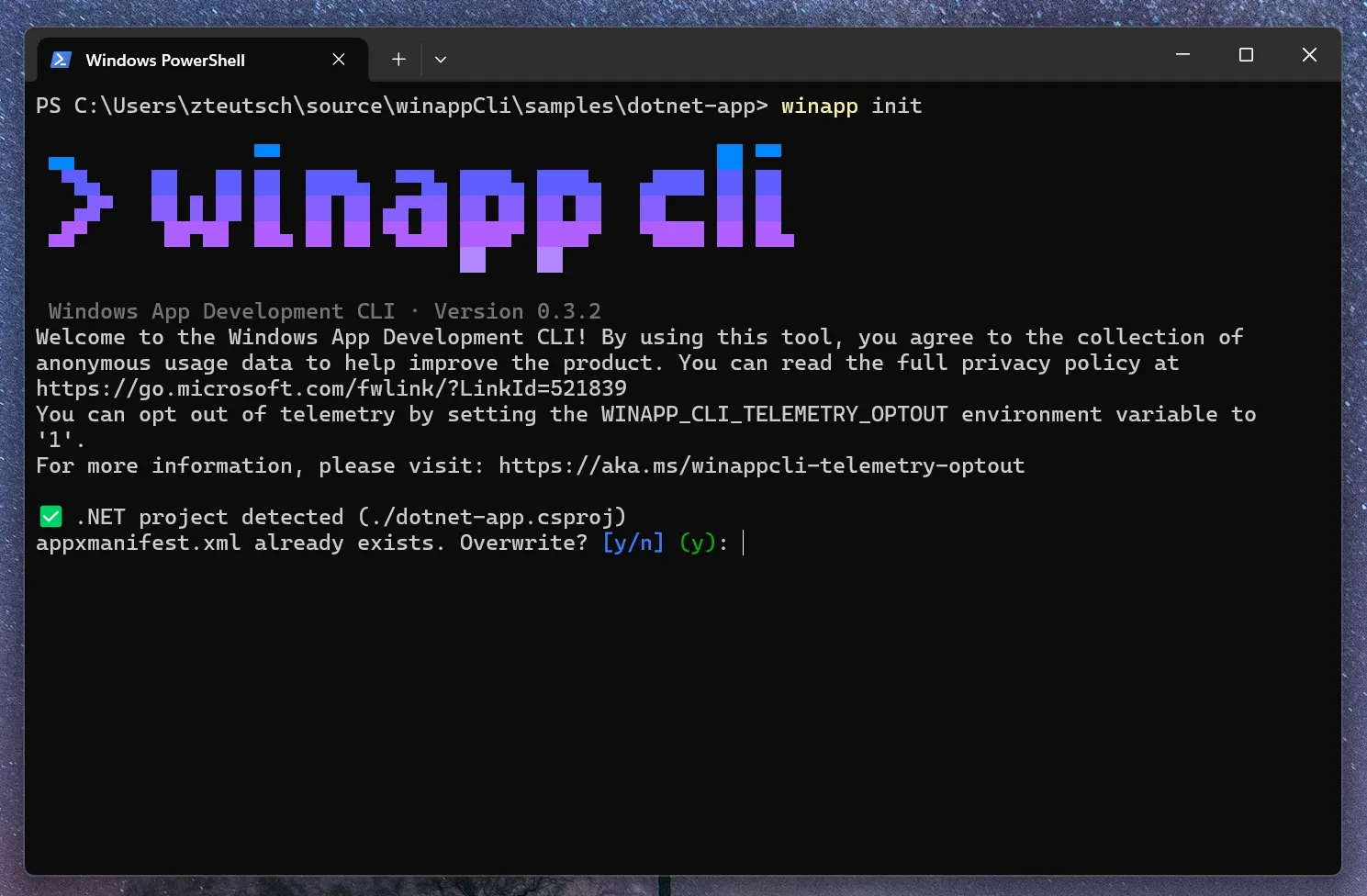 WinApp CLI welcome visual