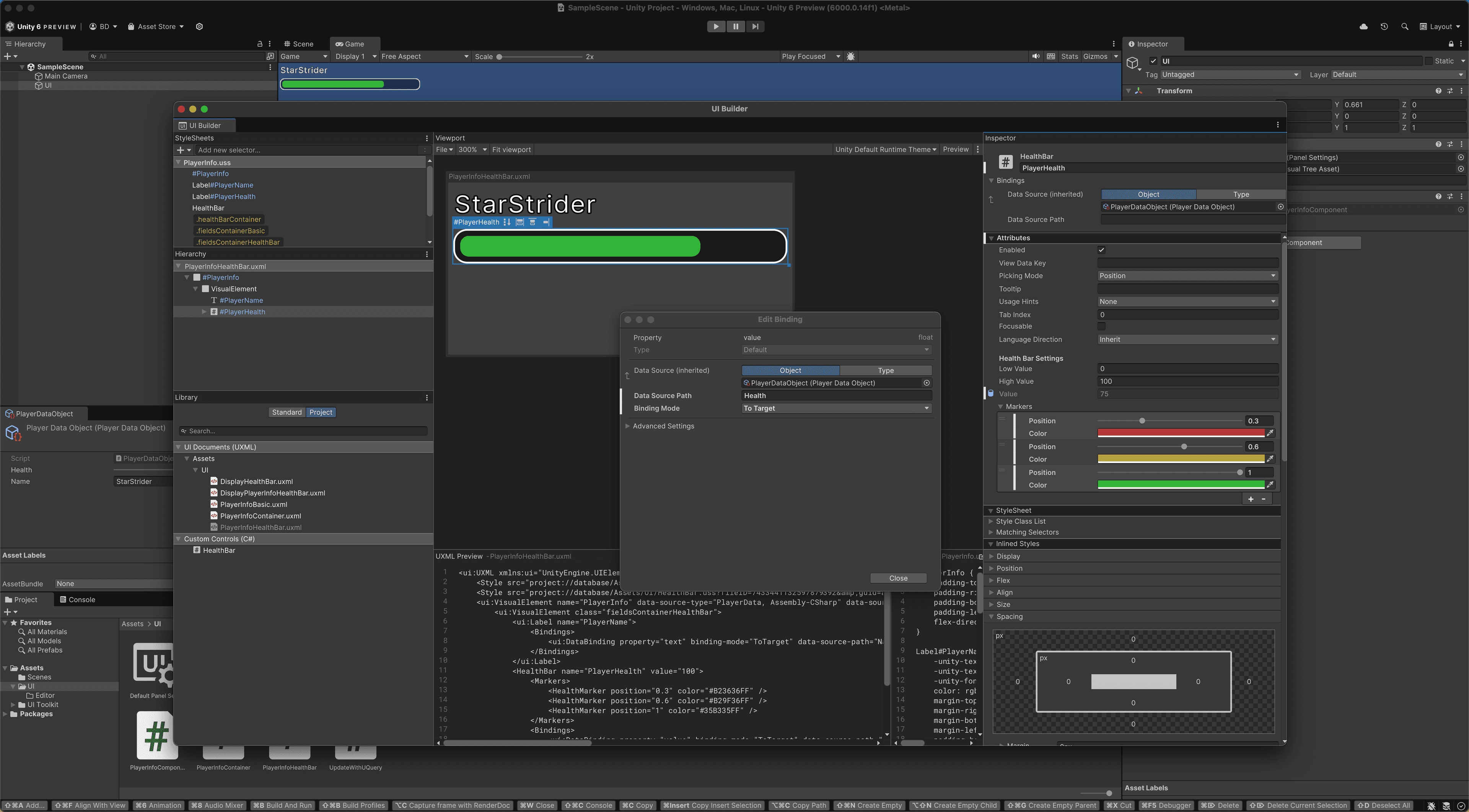 UI Builder: Custom inspectors, UXMLObjects editing, and visual workflows for data bindings