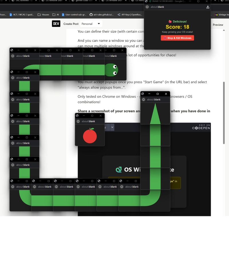Snake made up of multiple browser windows with one window as the apple and several connected windows as the snake