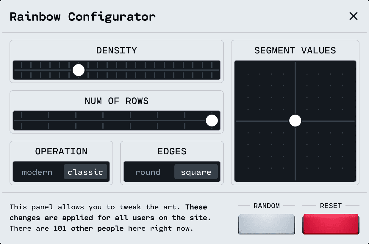 A control panel with several sliders and controls for changing the parameters of the rainbow