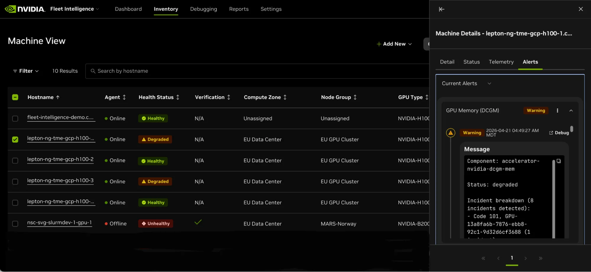 Screenshot of the alert panel that displays alerts associated with an individual machine.