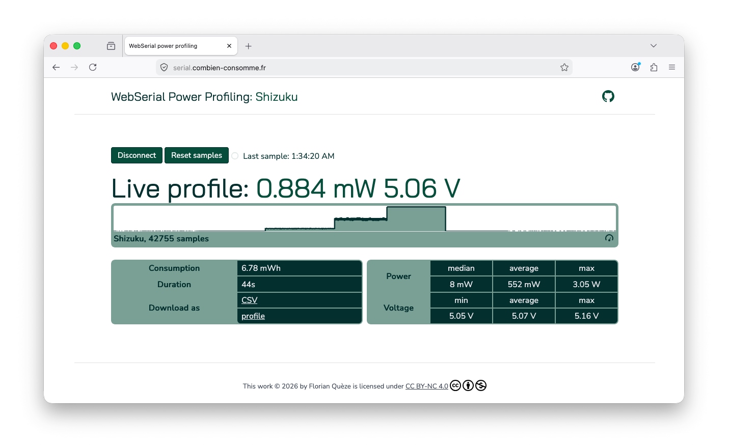 A screenshot of Florian’s site showing a power recording of a light with three brightness modes.