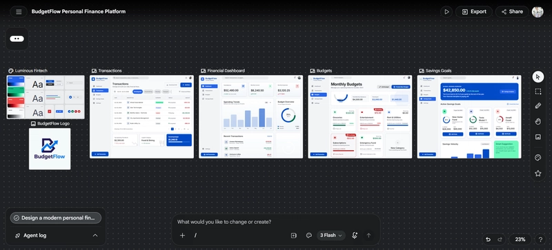 Google Stitch AI generating a responsive fintech budgeting application with multiple screens, reusable design system, modern dashboard layout, and consistent AI-generated UI components