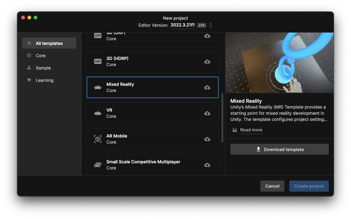 Tutorial content window in Unity’s Mixed Reality template