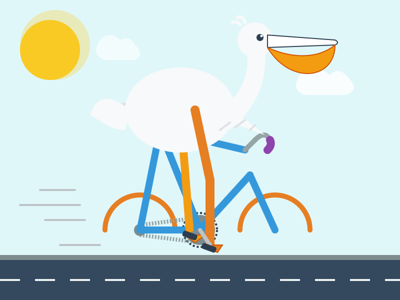 Flat vector illustration of a white pelican with a long neck and large orange beak pouch, hovering above a mangled blue and orange bicycle on a dark grey road with white dashed lane markings. The bike is drawn incorrectly: the wheels are just orange arcs with no rims or spokes, the frame tubes float apart and the handlebars connect to nothing. The background is pale blue with a yellow sun in the upper left, white clouds, and grey speed lines on the left suggesting motion.
