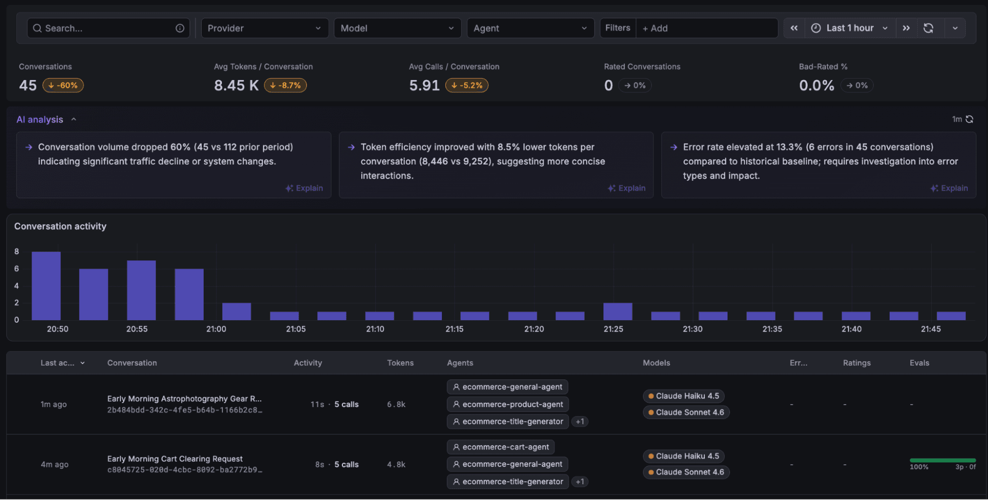 Conversation list view in Grafana Agent Observability