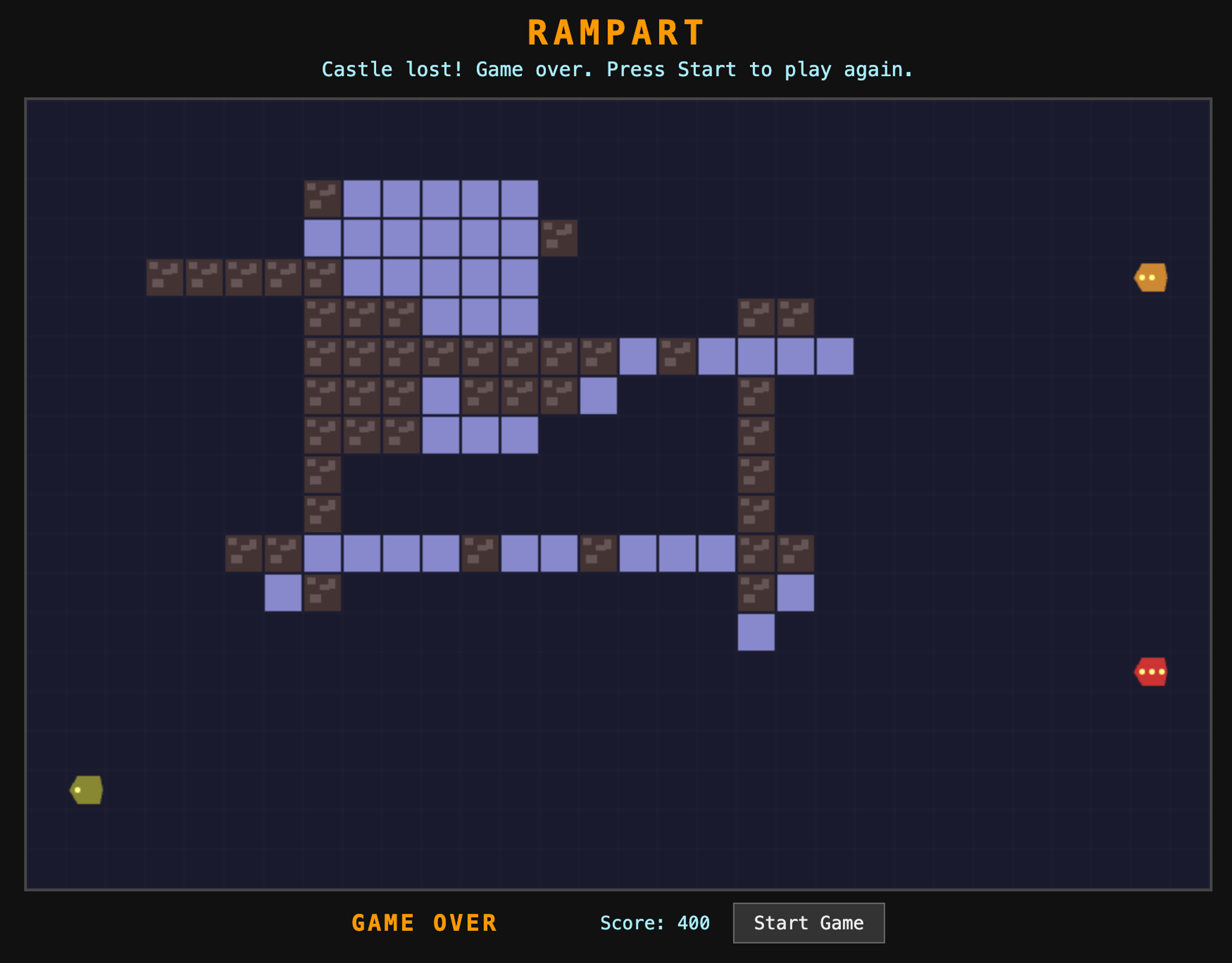 Rampart game over screen showing pixelated castle structure in brown and blue blocks on dark blue background. Yellow Pac-Man character in bottom left, red enemy ghost in bottom right, gold gem in top right. Text reads 'Castle lost! Game over. Press Start to play again.' Score: 400. Start Game button at bottom.