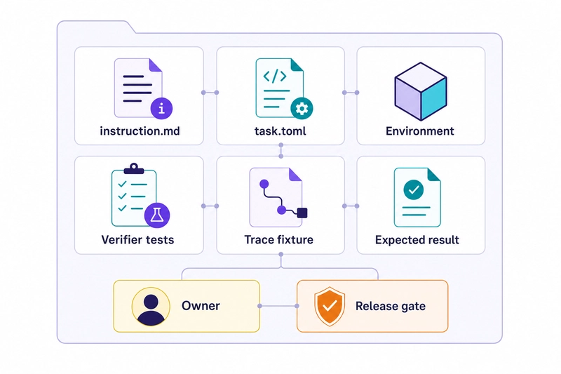Anatomy diagram of an agent eval artifact with instruction, task config, environment, verifier tests, trace fixture, expected result, owner, and release gate.