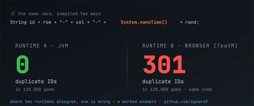 Cover image for 301 duplicate IDs in the browser, 0 on the JVM: one real bug, end to end