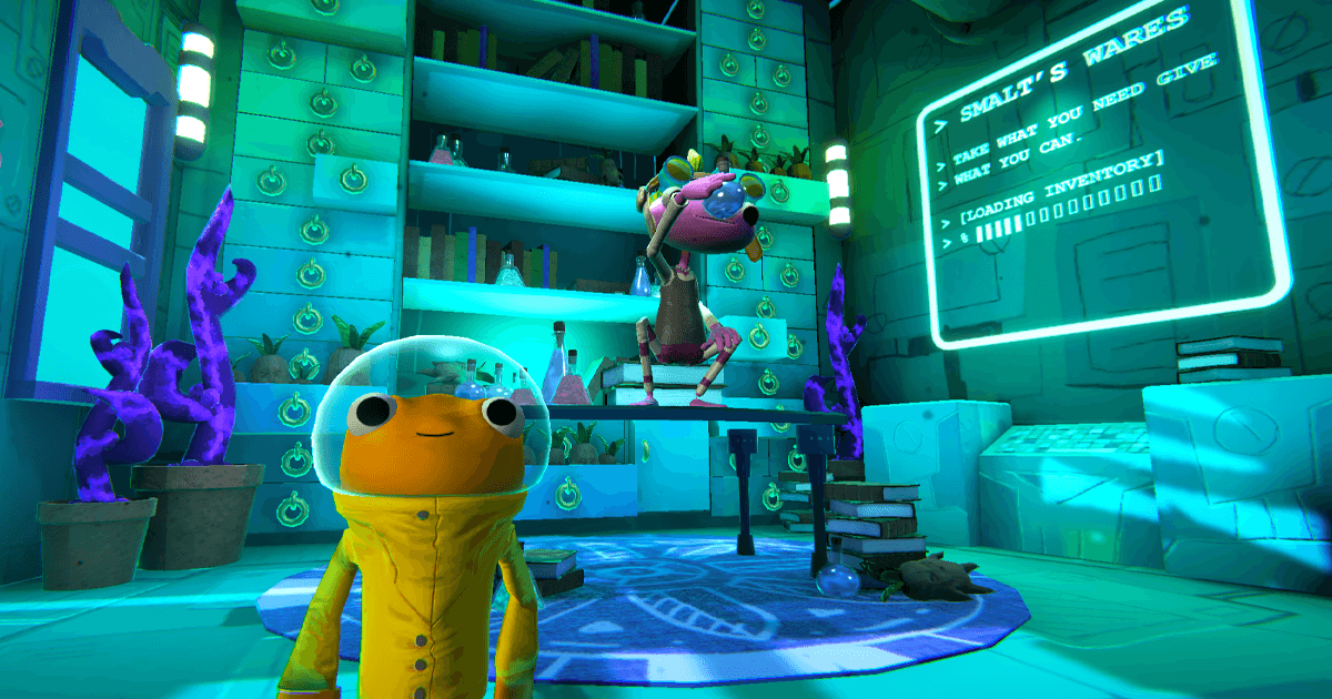 In this game screenshot Saffron Sureswim, the player character for Out of Circulation is standing in a teal-colored shop environment with books scattered around and many open drawers. The shop owner NPC is sitting on a table behind Saffron, inspecting a full glass vial