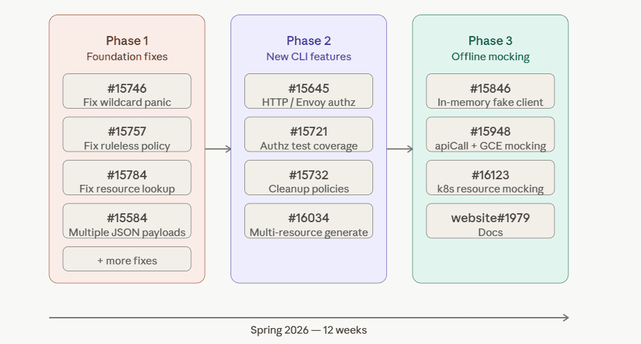 A flow chart of the 12 week, three phase approach that took place in Spring 2026.