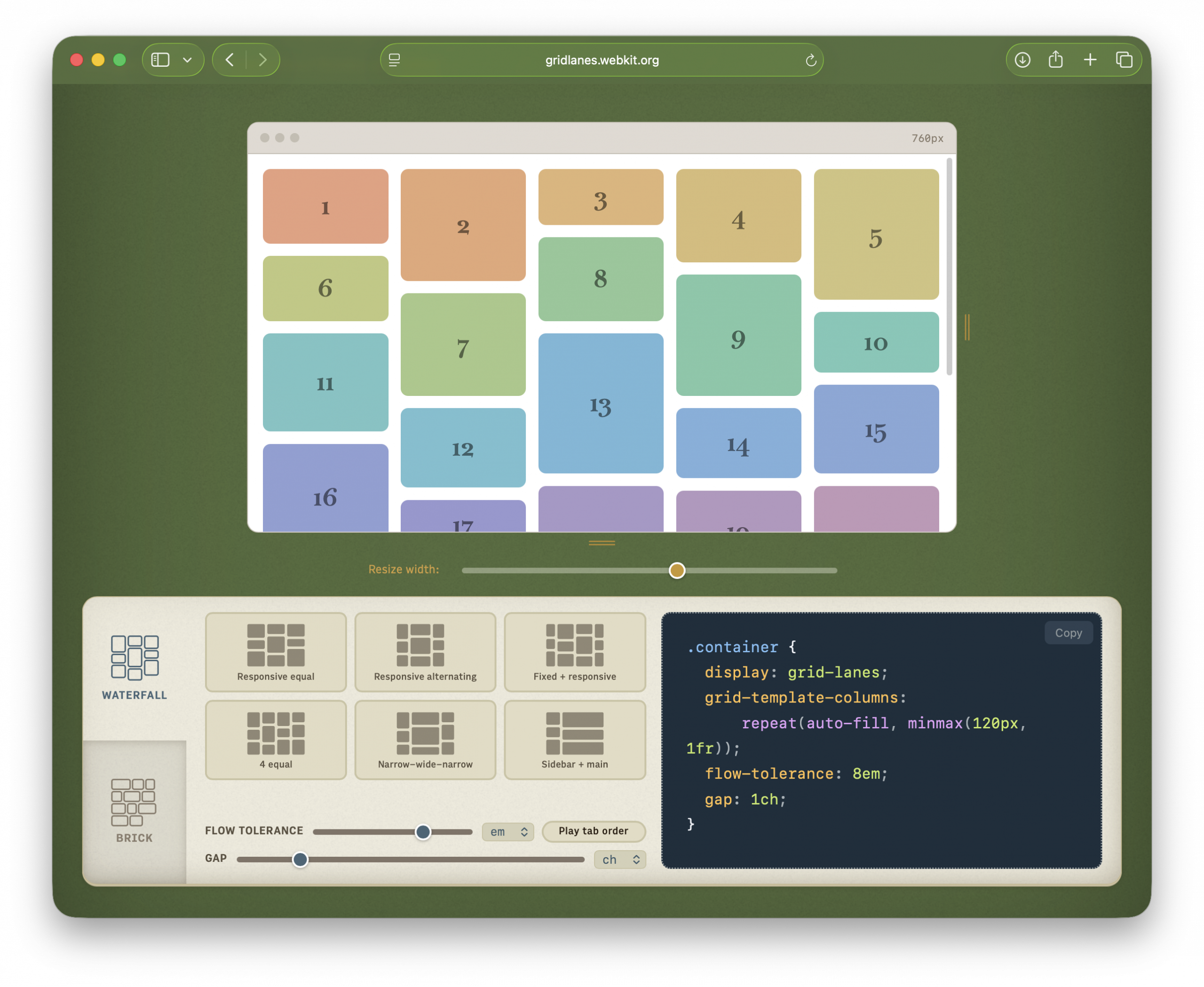 Interactive drawing of website with items laid out with Grid Lanes. Multiple buttons, sliders, and a code editor make it possible to try out many combinations quickly & see the results.