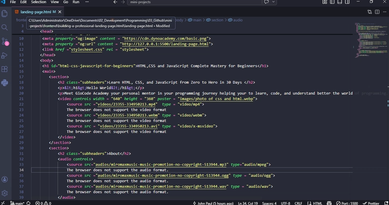 Image of source code in Visual Studio Code of the project