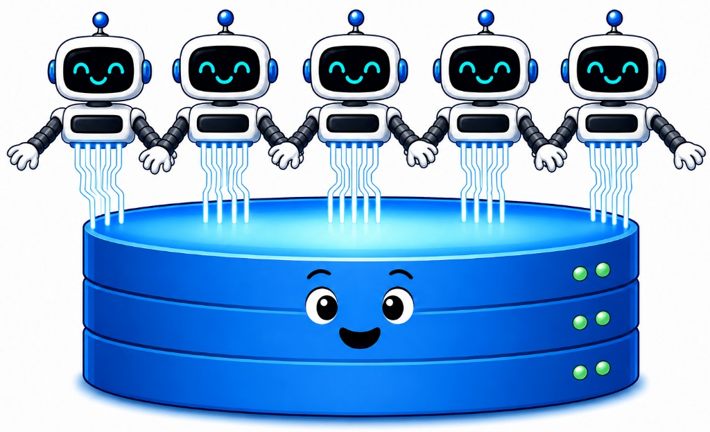 A swarm of robot agents holding hands, each drawing state from a single large shared database platform below them