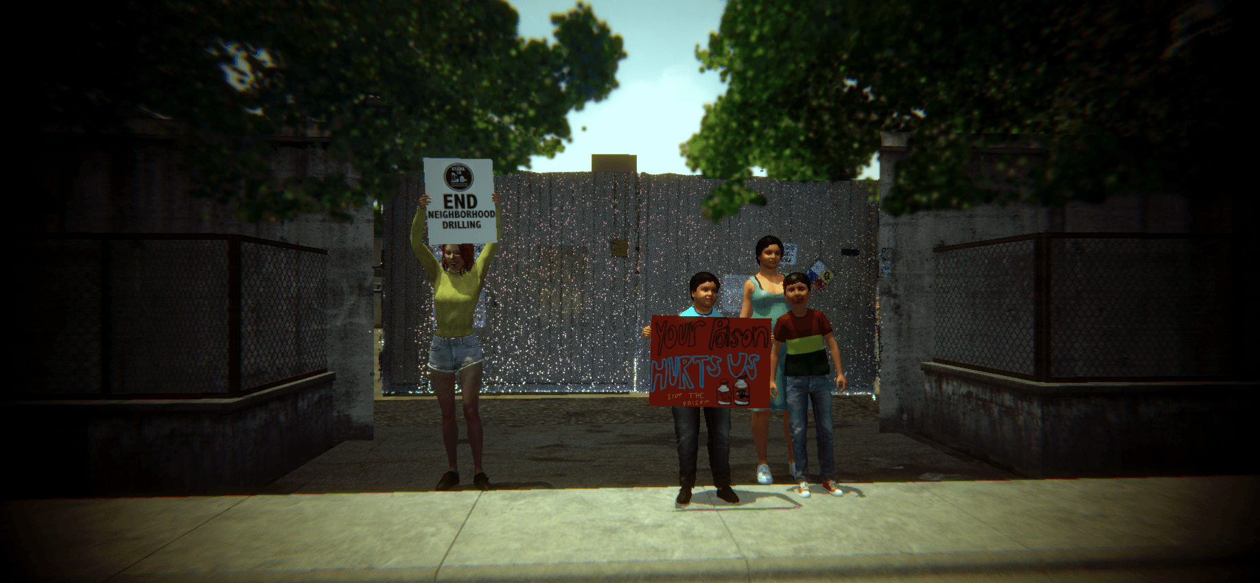 VR experience Gone to Water showing a protest against neighborhood drilling. Created by Love Death Design.