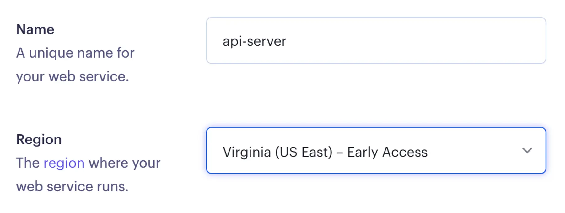 Selecting the Virginia region in the Render Dashboard