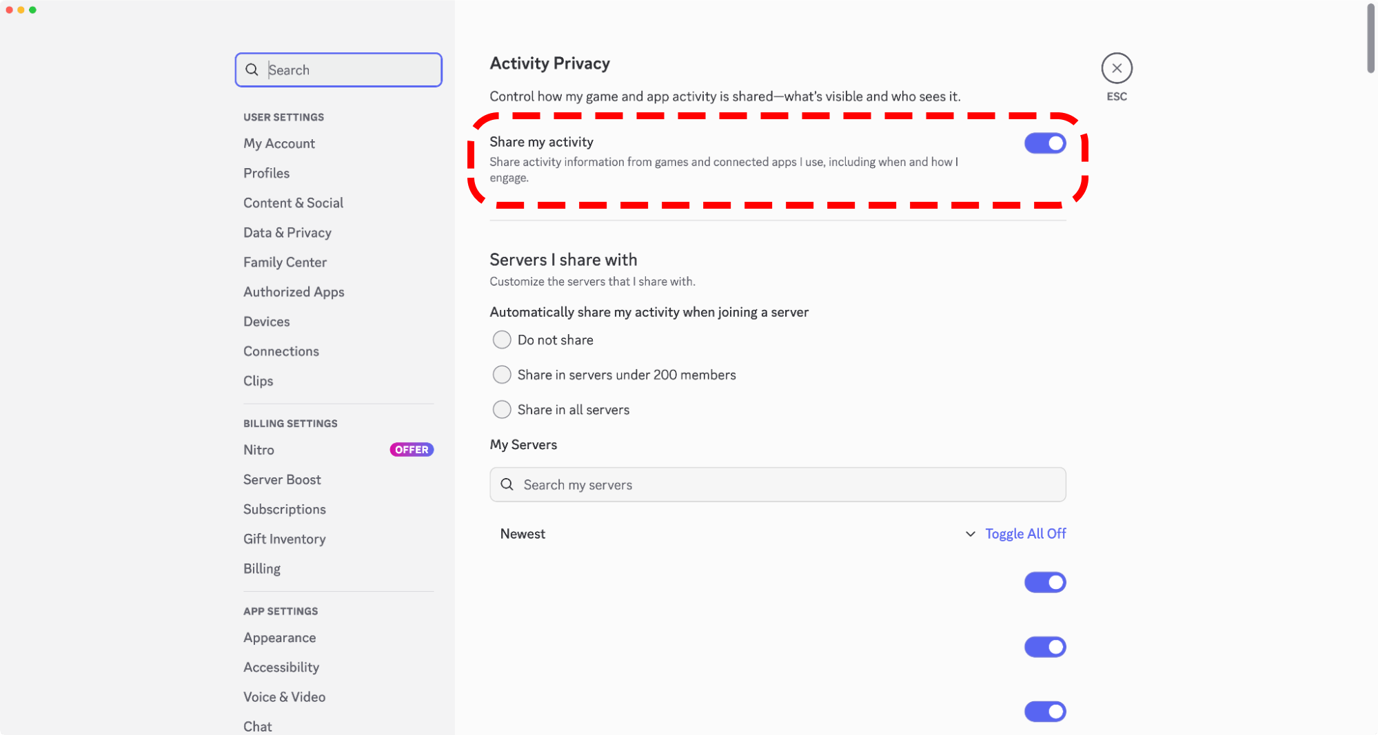 The “Share my activity” toggle in User Settings.