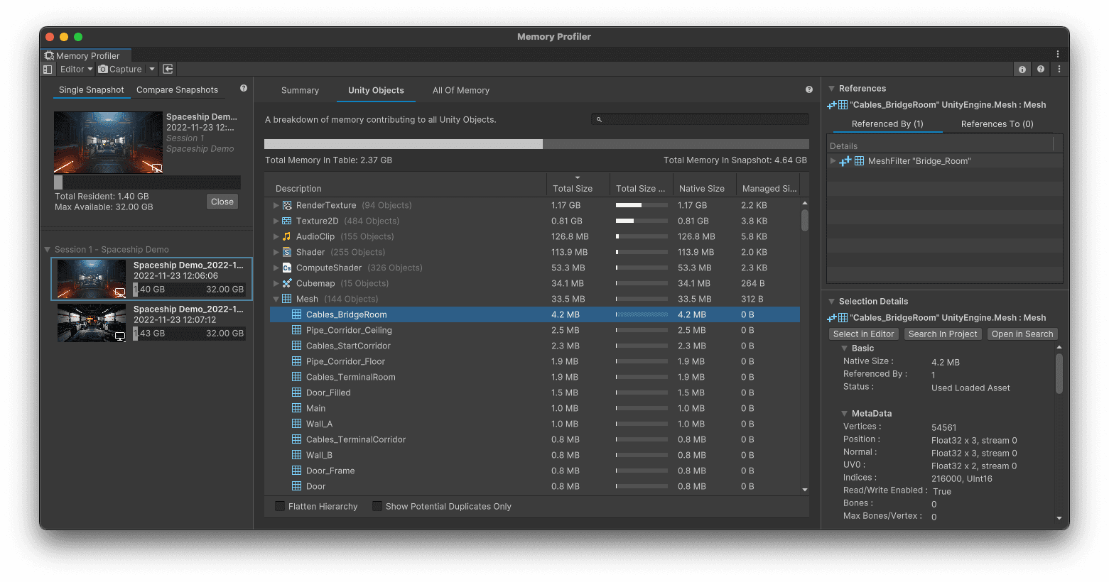We can see every mesh object currently allocated by our application by expanding the Mesh type.