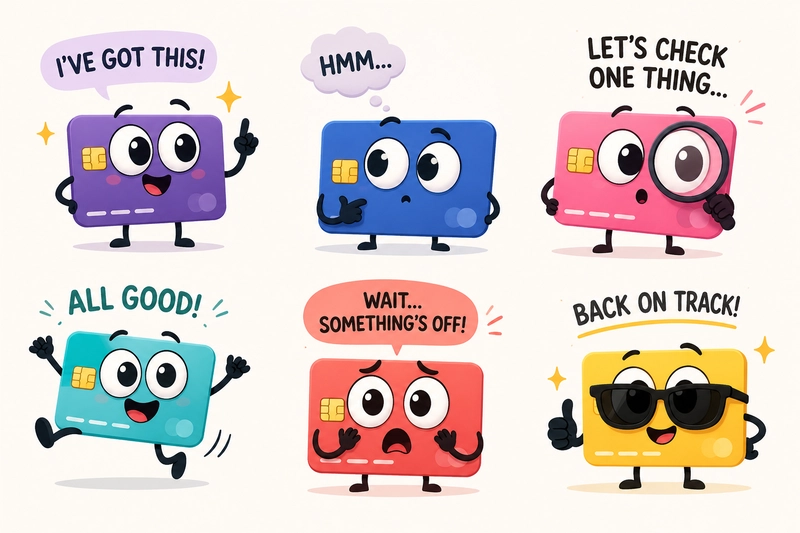 Six colorful credit card mascots showing confidence, thoughtfulness, careful checking, success, concern, and recovery