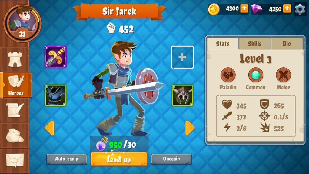 An example of a character screen from UI Toolkit Sample – Dragon Crashers shows how the mix of GameObjects and UI Elements makes the screen dynamic and fun to use.