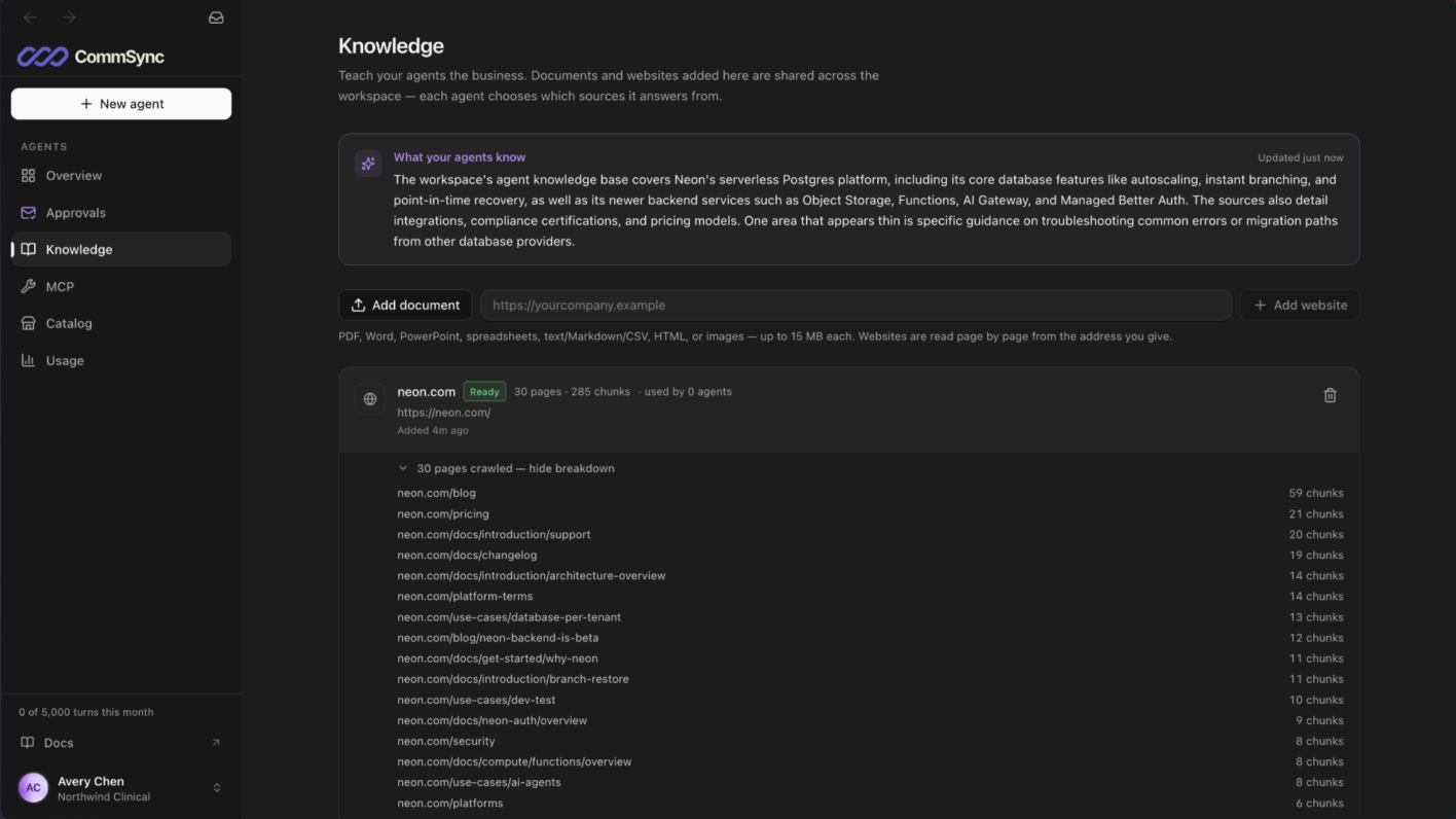CommSync Agents knowledge base with indexed website content