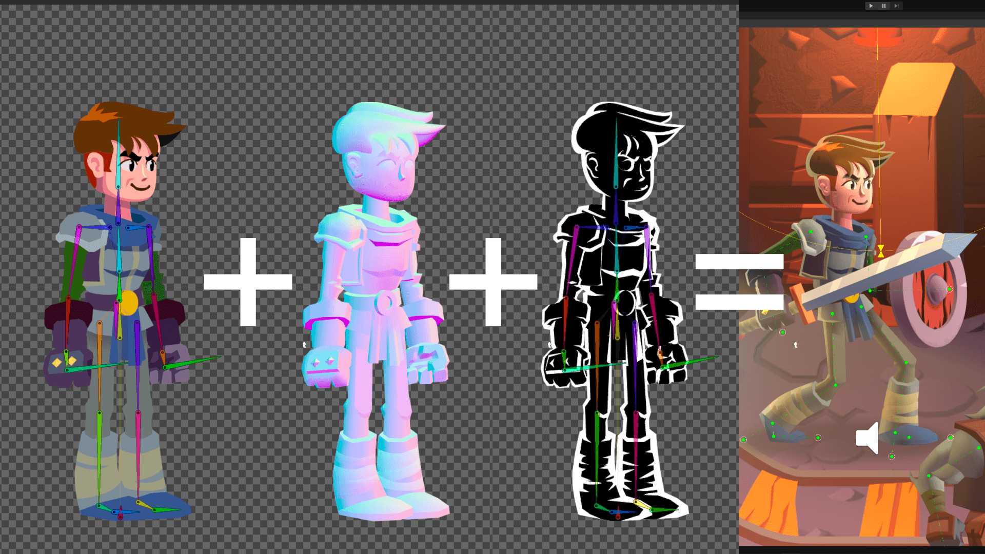 Image showing the process from basic character model to fully working character.