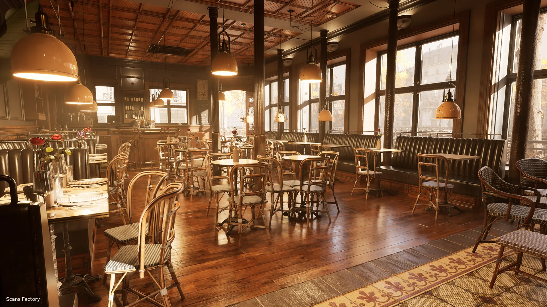 Dining room scene filled with empty wooden tables, chairs, and floors showcasing NVIDIA RTX technologies.