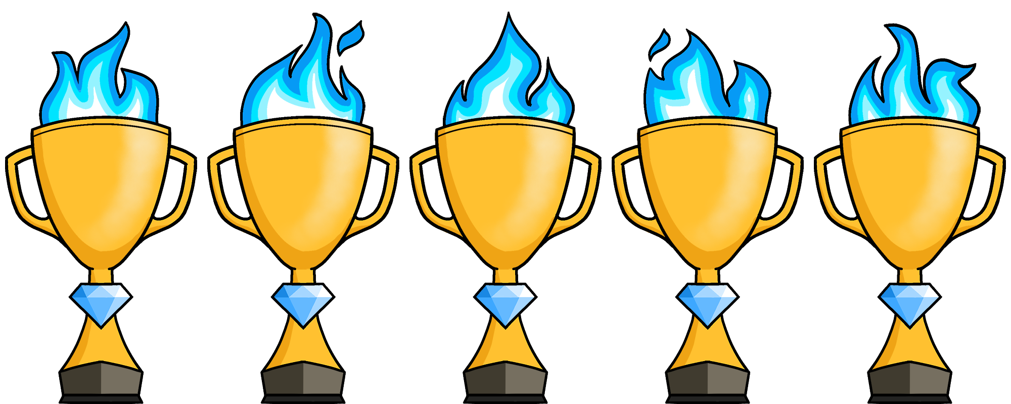 A hand-drawn gold trophy with blue flames. There are 5 copies side-by-side, with each trophy having a slightly different flame pattern