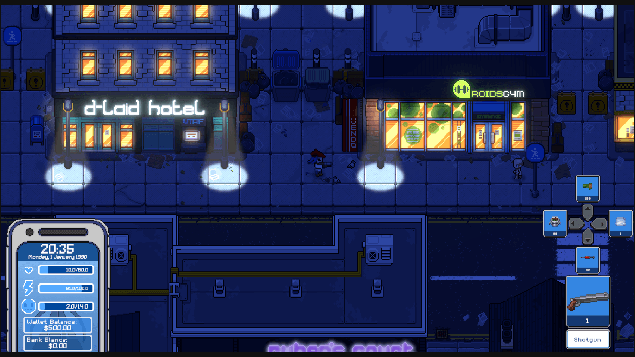 The player walks down a dark city street in a night scene from Psycasso