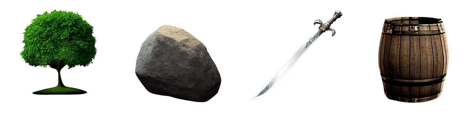 Sample outputs from our first version of Photo-Real-Unity-Sprite-1. From left to right: a green tree, a boulder, a sword, a barrel